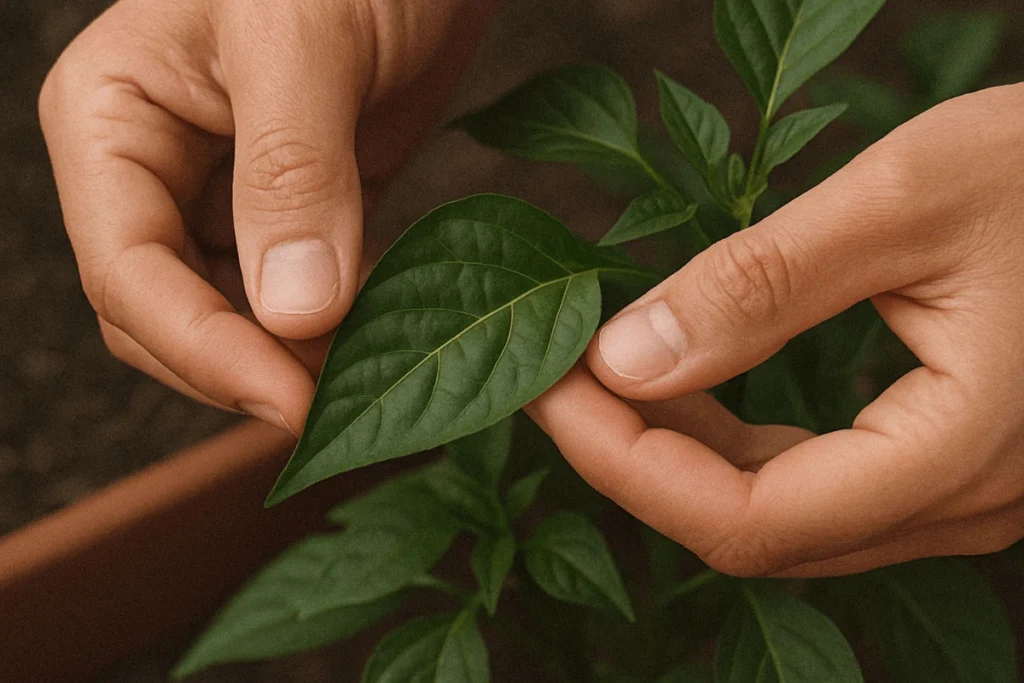 Revisión manual de hoja en cultivo como parte del control de plagas en agricultura