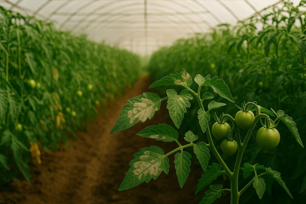 Síntomas de hongos en hojas de tomate en cultivo protegido