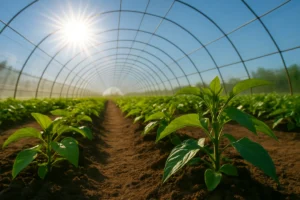 Radiación solar en cultivo protegido con estructura de invernadero antes del blanqueo