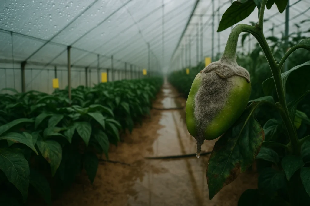 Plaga fúngica en cultivo de pimiento en invernadero durante invierno con alta humedad