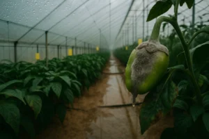 Plaga fúngica en cultivo de pimiento en invernadero durante invierno con alta humedad