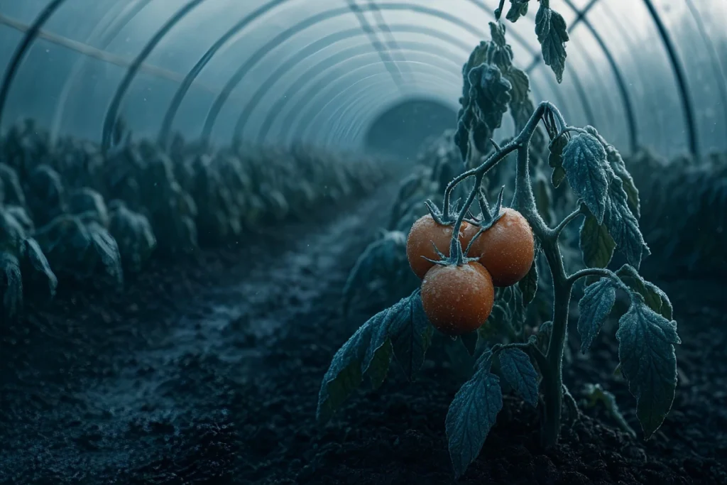 Heladas en cultivo agrícola dentro de invernadero afectando a las plantas